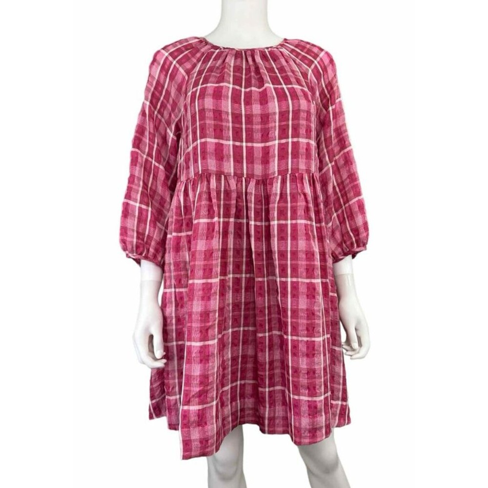 Madewell Dress Womens Medium Pink Plaid Shirred Mini Babydoll Sheer Sleeve NEW